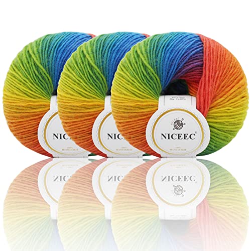 NICEEC 3 Knäuel aus 100% Wolle, Regenbogengarn, einlagig, weicher Farbverlauf, buntes Garn, selbstschneidendes Häkelgarn zum Stricken - 11# NICEEC 3 Knäuel aus 100% Wolle, Regenbogengarn, einlagig, weicher Farbverlauf, buntes Garn, selbstschneidendes Häkelgarn zum Stricken - 11# von NICEEC