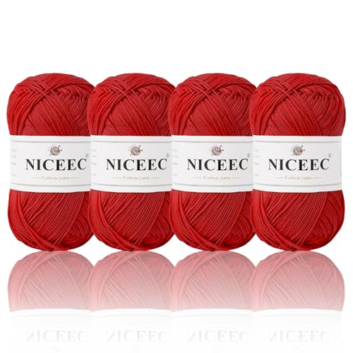 NICEEC 4 Knäuel, weiches Baby-Baumwollgarn, 4-lagig, zum Basteln, Fingergewicht, Deckengarn zum Häkeln und Stricken, insgesamt 700 m/200 g, Hellrot NICEEC 4 Knäuel, weiches Baby-Baumwollgarn, 4-lagig, zum Basteln, Fingergewicht, Deckengarn zum Häkeln und Stricken, insgesamt 700 m/200 g, Hellrot von NICEEC