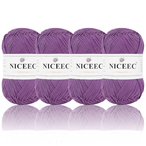 NICEEC 4 Knäuel, weiches Baby-Baumwollgarn, 4-lagig, zum Basteln, Fingergewicht, Deckengarn zum Häkeln und Stricken, insgesamt 700 m/200 g, Lila NICEEC 4 Knäuel, weiches Baby-Baumwollgarn, 4-lagig, zum Basteln, Fingergewicht, Deckengarn zum Häkeln und Stricken, insgesamt 700 m/200 g, Lila von NICEEC