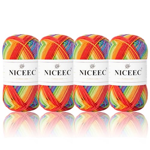 NICEEC 4 Knäuel weiches Baby-Baumwollgarn, 4-lagig, zum Basteln, Fingergewicht, Deckengarn zum Häkeln und Stricken, 700 m/200 g – Regenbogen NICEEC 4 Knäuel weiches Baby-Baumwollgarn, 4-lagig, zum Basteln, Fingergewicht, Deckengarn zum Häkeln und Stricken, 700 m/200 g – Regenbogen von NICEEC