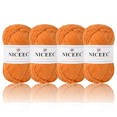 NICEEC 4 Knäuel weiches Baby-Baumwollgarn, 4-lagig, zum Basteln, Fingergewicht, Deckengarn zum Häkeln und Stricken, insgesamt 700 m/200 g, Hellorange NICEEC 4 Knäuel weiches Baby-Baumwollgarn, 4-lagig, zum Basteln, Fingergewicht, Deckengarn zum Häkeln und Stricken, insgesamt 700 m/200 g, Hellorange von NICEEC