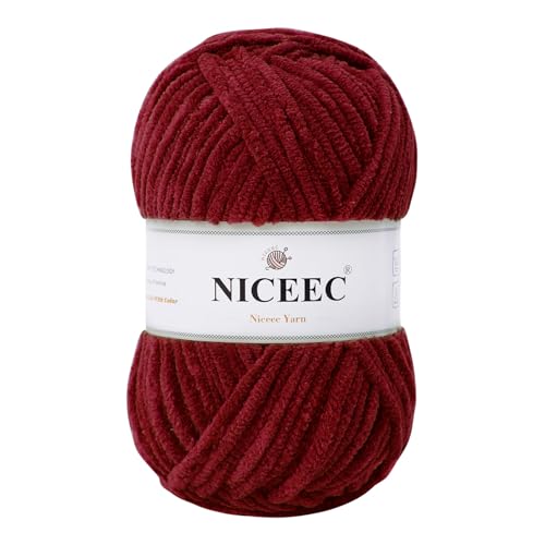 NICEEC Chenille-Garn, leichtes Kammgarn, zum Stricken, ausgefallenes Garn zum Häkeln, Weben, Basteln, Gesamtlänge 110 m, 100 g, Saucenrot von NICEEC