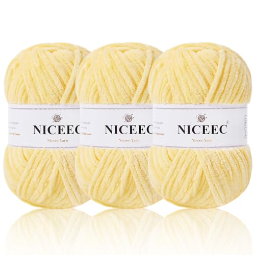 NICEEC Chenille-Garn, leichtes Kammgarn, zum Stricken, ausgefallenes Garn zum Häkeln, Weben, Basteln, Gesamtlänge 3 x 110 m, 3 x 100 g, Hellgelb NICEEC Chenille-Garn, leichtes Kammgarn, zum Stricken, ausgefallenes Garn zum Häkeln, Weben, Basteln, Gesamtlänge 3 x 110 m, 3 x 100 g, Hellgelb von NICEEC
