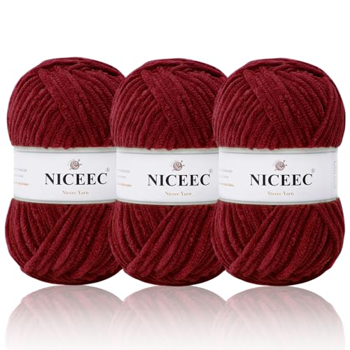 NICEEC Chenille-Garn, leichtes Kammgarn, zum Stricken, ausgefallenes Garn zum Häkeln, Weben, Basteln, Gesamtlänge 3 x 110 m, 3 x 100 g, Saucenrot NICEEC Chenille-Garn, leichtes Kammgarn, zum Stricken, ausgefallenes Garn zum Häkeln, Weben, Basteln, Gesamtlänge 3 x 110 m, 3 x 100 g, Saucenrot von NICEEC