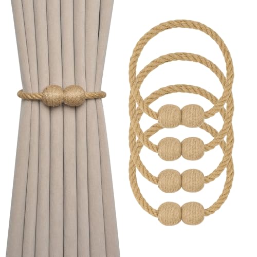 NICEEC Magnetische Vorhang-Raffhalter aus natürlichem Juteseil, rustikaler Stil, dekorativ, elegant, handgefertigt, geflochtene Vorhanghalter für Zuhause und Büro, Drapierung (Ball-A), 4 Stück von NICEEC