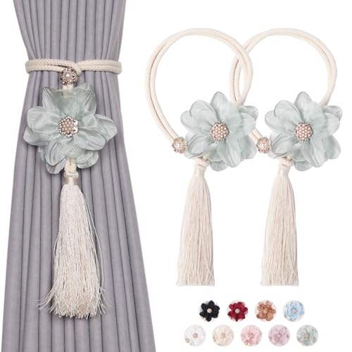 NICEEC Vorhang-Raffhalter mit niedlichen Blumen, handgefertigt, geflochtenes Seil, natürlicher rustikaler Stil, dekorative Vorhanghalter für Zuhause und Büro, Fenstervorhänge (blau-grau), 2 Stück von NICEEC