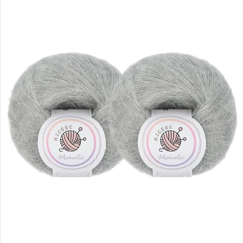 NICEEC Weiches Mohair-Garn, flauschig und flauschig, luxuriös und dünn, weiches Woll-Mischgarn zum Häkeln und Stricken, insgesamt 2 x 2 Knäuel, 2 x 300 m, Hellgrau NICEEC Weiches Mohair-Garn, flauschig und flauschig, luxuriös und dünn, weiches Woll-Mischgarn zum Häkeln und Stricken, insgesamt 2 x 2 Knäuel, 2 x 300 m, Hellgrau von NICEEC