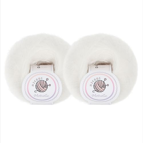 NICEEC Weiches Mohair-Garn, flauschig und flauschig, luxuriös und dünn, weiches Woll-Mischgarn zum Häkeln und Stricken, insgesamt 2 x 2 Knäuel, 2 x 300 m, Weiß NICEEC Weiches Mohair-Garn, flauschig und flauschig, luxuriös und dünn, weiches Woll-Mischgarn zum Häkeln und Stricken, insgesamt 2 x 2 Knäuel, 2 x 300 m, Weiß von NICEEC