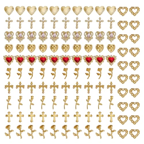 NICENEEDED 120 STÜCK Nagel Charms Gold Kreuz Nagel Charms Rose Herzen 3D Nail Art Schmuck DIY Dekorationen von NICENEEDED