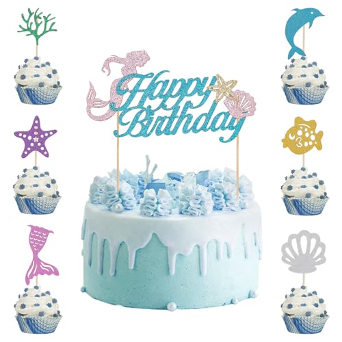 NICENEEDED 31 Stück Cupcake-Topper Mit Meerestieren, Wal-Krake-Fisch-Cupcake-Picks, Alles Gute Zum Geburtstag-Kuchenaufsatz „Meerjungfrau“. von NICENEEDED