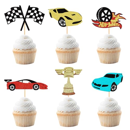 NICENEEDED 36 Stück Rennwagen-Cupcake-Topper, Glitter Fighting Trophy Flag Racing Car Cupcake Picks, Racing Cupcake Toppers Kuchendekorationen von NICENEEDED
