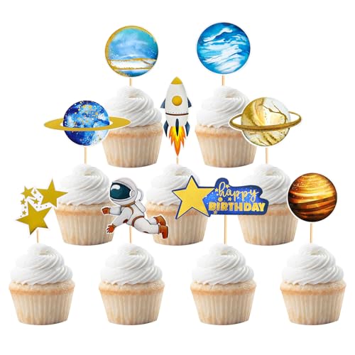 NICENEEDED 36 Stück Weltraum-Astronauten-Cupcake-Topper, Rocket Planet Trip to The Moon Cupcake-Picks, Weltraum-Essenspieße Mit Stäbchen von NICENEEDED