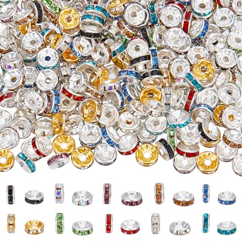 NICENEEDED 500 Stück Rondelle-Abstandshalter-Perlen, 8 mm, versilbert, runde Strass-Kristallperlen, lose Perlen, Samll DIY-Zubehör für Armbänder, Halsketten, Schmuckherstellung von NICENEEDED
