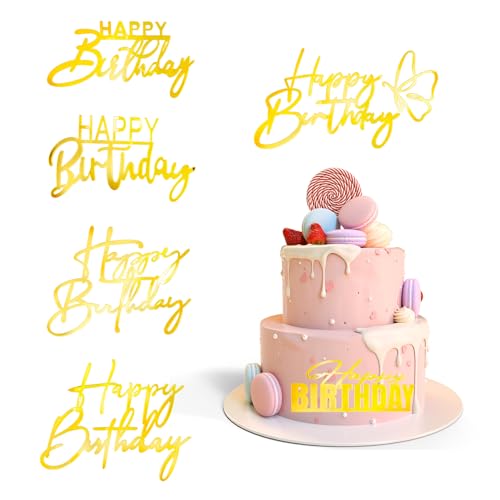 NICENEEDED 6 Stück „Happy Birthday“-Kuchenaufsatz, Tortenaufsatz Aus Acryl Mit Seitenspiegel, Goldfarbene Kucheneinsätze, Dekorationswerkzeuge, Kuchendekorationen von NICENEEDED