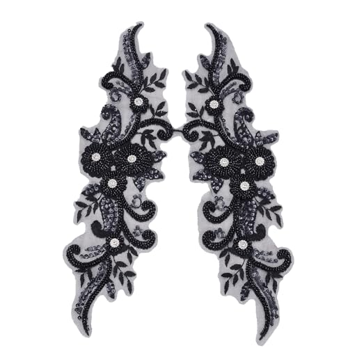 NICENEEDED Schwarze Bestickte Pailletten Spitzen Applikationen Mit Perlen Handgefertigte Aufnäher Mit Blumen Strass Spitzenbesatz Applikationen von NICENEEDED