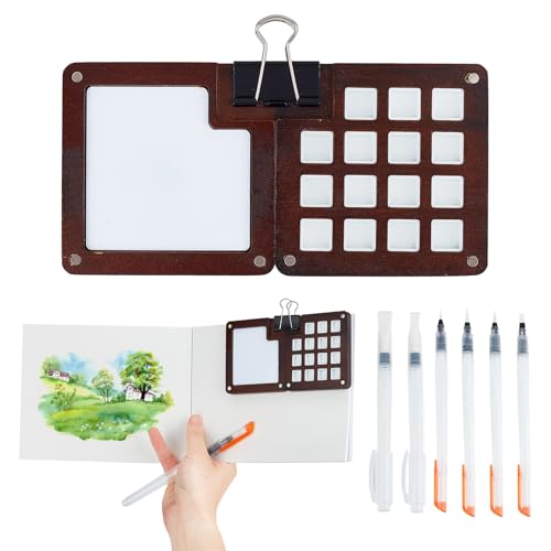 NICENEEDED Tragbares Mini Aquarellpaletten Set 15 Gitter Holzpalettenbox Aquarellpapierblock Aquarellpinselstifte von NICENEEDED