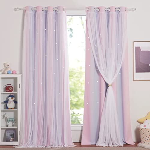 NICETOWN Gardinen Kinderzimmer Mädchen 2 Stücke Verdunklungsvorhänge mit Ausgehöhlten Sternen und Voile Vorhang Blickdicht Ösenschal H 300 x B 132 cm, Pink+Lila NICETOWN Gardinen Kinderzimmer Mädchen 2 Stücke Verdunklungsvorhänge mit Ausgehöhlten Sternen und Voile Vorhang Blickdicht Ösenschal H 300 x B 132 cm, Pink+Lila von NICETOWN