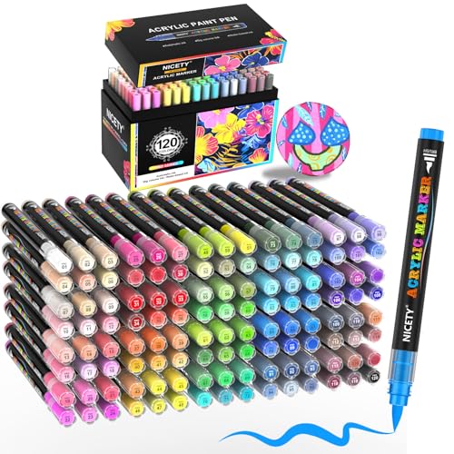 NICETY 120 Acrylstifte für Steine Wasserfest - Pinselspitze Acrylmarker für Steine, Holz, Stoff, Leinwand, Glas, Keramik, 1-6mm Multimarker Acrylfarben Marker Set von NICETY