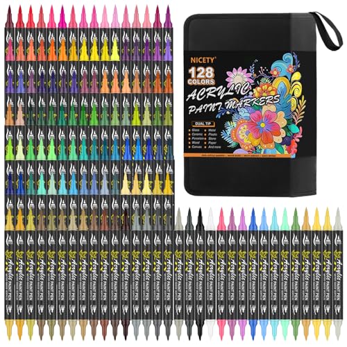 NICETY 128 Acrylstifte für Steine Wasserfest - Dual Tip Acrylmarker Multimarker für Steine Bemalen Holz Stein Stoff Leinwand Glas Keramik, 0.5-5mm Acrylfarben Stifte Acrylic Paint Marker Set von NICETY