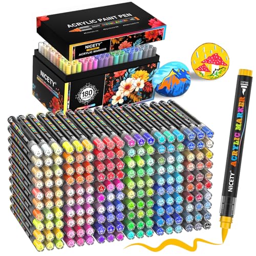 NICETY 180 Acrylstifte für Steine Wasserfest - Acrylmarker Pinselspitze für Steine, Holz, Stoff, Leinwand, Glas, Keramik, 1-6mm Multimarker Acrylfarben Marker von NICETY