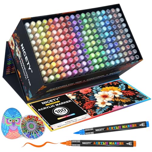 NICETY 180 Acrylstifte für Steine Wasserfest - Pinselspitze Acrylmarker für Steine, Holz, Stoff, Leinwand, Glas, Keramik, 1-6mm Multimarker Acrylfarben Marker Set von NICETY
