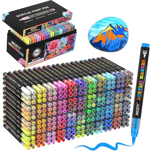 NICETY 264 Acrylstifte für Steine Wasserfest - Pinselspitze Acrylmarker für Steine, Holz, Stoff, Leinwand, Glas, Keramik, 1-6mm Multimarker Acrylfarben Marker Set von NICETY