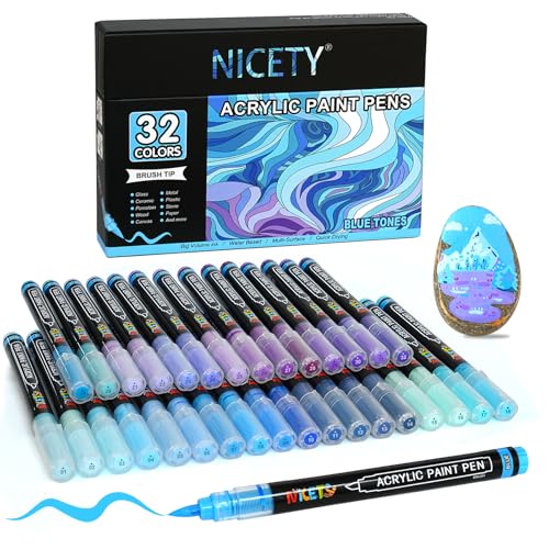 NICETY 32 Acrylstifte für Steine Wasserfest - Pinselspitze Acrylmarker für Holz, Stoff, Leinwand, Glas, 1-6mm Multimarker acrylic Marker pens Set (Blau) von NICETY
