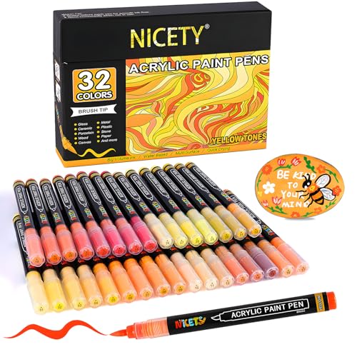 NICETY 32 Acrylstifte für Steine Wasserfest - Pinselspitze Acrylmarker für Holz, Stoff, Leinwand, Glas, 1-6mm Multimarker acrylic Marker pens Set (Gelb) von NICETY