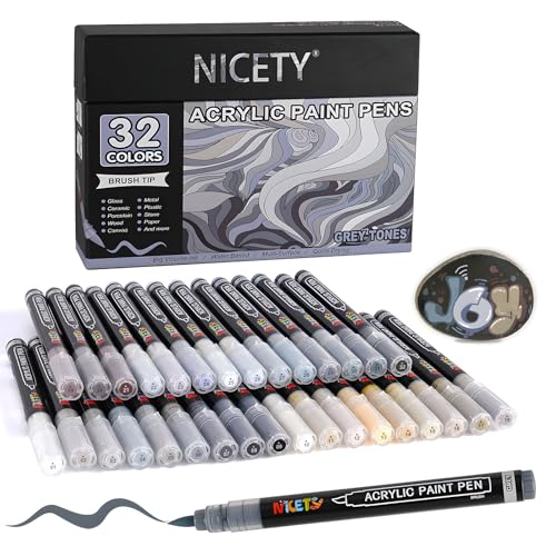NICETY 32 Acrylstifte für Steine Wasserfest - Pinselspitze Acrylmarker für Holz, Stoff, Leinwand, Glas, 1-6mm Multimarker acrylic Marker pens Set (Grau) von NICETY