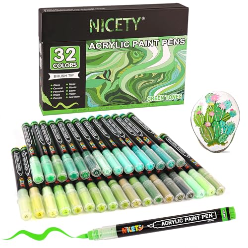 NICETY 32 Acrylstifte für Steine Wasserfest - Pinselspitze Acrylmarker für Holz, Stoff, Leinwand, Glas, 1-6mm Multimarker acrylic Marker pens Set (Grün) von NICETY