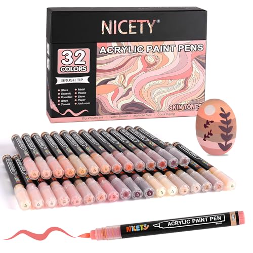 NICETY 32 Acrylstifte für Steine Wasserfest - Pinselspitze Acrylmarker für Holz, Stoff, Leinwand, Glas, 1-6mm Multimarker acrylic Marker pens Set (Haut) von NICETY