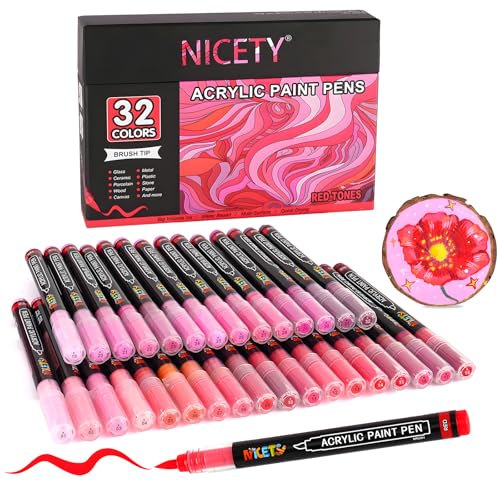 NICETY 32 Acrylstifte für Steine Wasserfest - Pinselspitze Acrylmarker für Holz, Stoff, Leinwand, Glas, 1-6mm Multimarker acrylic Marker pens Set (Rot) von NICETY