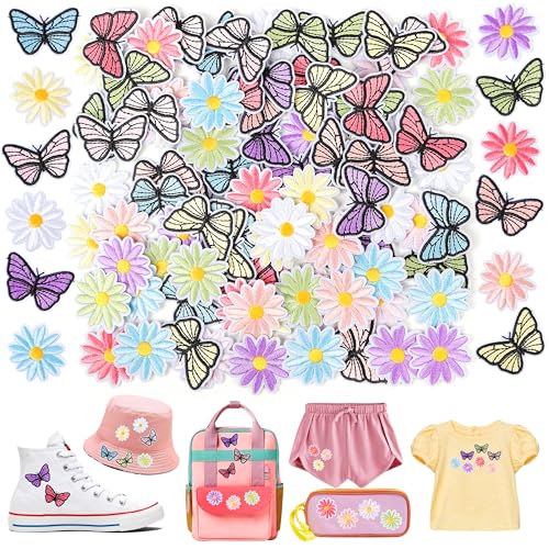 NICEVINYL Blumen-Aufnäher zum Aufbügeln für Kleidung: 90 Stück, mehrfarbig, niedliches Gänseblümchen-Aufnäher, zum Aufnähen auf Rucksäcken, Schmetterling, bestickt, für Jeans, Jacken, Tragetaschen NICEVINYL Blumen-Aufnäher zum Aufbügeln für Kleidung: 90 Stück, mehrfarbig, niedliches Gänseblümchen-Aufnäher, zum Aufnähen auf Rucksäcken, Schmetterling, bestickt, für Jeans, Jacken, Tragetaschen von NICEVINYL