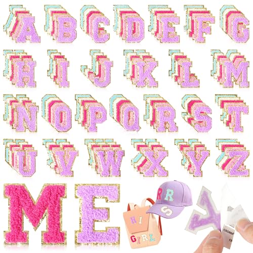 NICEVINYL Chenille-Buchstaben-Aufnäher, selbstklebend für Kleidung: 130 Stück, mehrfarbig, adrett, Varsity-Sticker, Anfangsbuchstaben für Stoff, bunte A-Z, Alphabet-Aufkleber für Make-up-Taschen von NICEVINYL