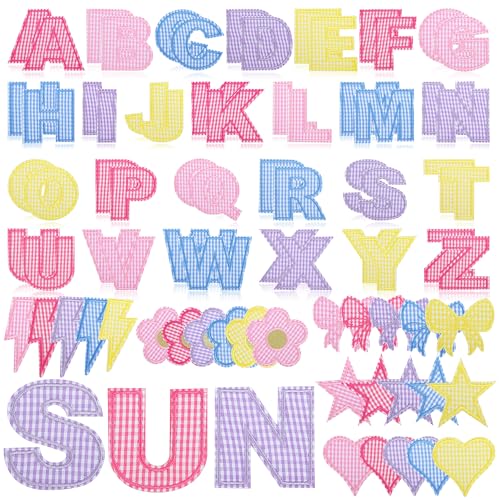 NICEVINYL Selbstklebende Buchstaben-Aufnäher für Taschen: 78 Stück, mehrfarbige Buchstaben, Stoffaufkleber für Hüte, niedliche Blume, Stern, Herz, Beleuchtung, Schleifen, zum Aufkleben, für von NICEVINYL