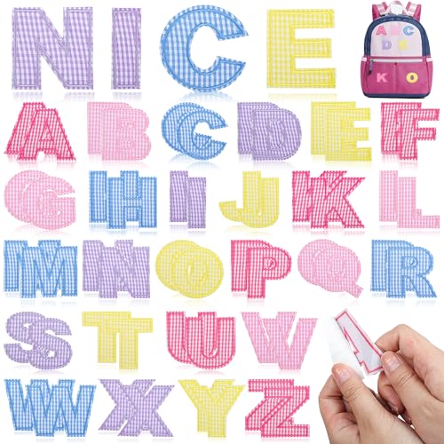 NICEVINYL Selbstklebende Buchstaben-Patches für Taschen: 52 Stück, mehrfarbige Stoff-Anfangsbuchstaben, zum Aufkleben auf Hüte – bunte A-Z Alphabet-Aufkleber für DIY-Rucksäcke, Hemden, Geschenke von NICEVINYL
