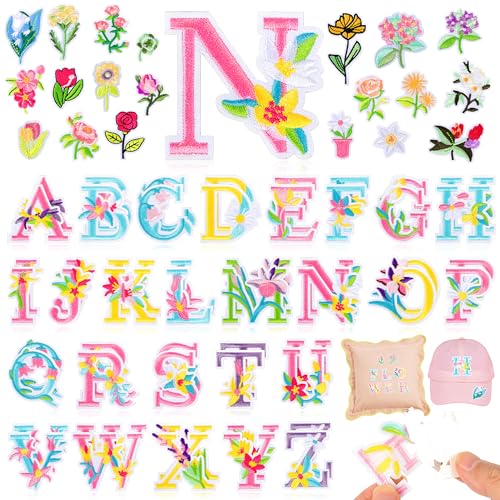 NICEVINYL Selbstklebende Buchstaben-Patches mit Blumen: 5,1 cm, 72 Stück, selbstklebende Blumen-Varsity-Initialen-Buchstaben-Aufnäher für Mädchen, DIY-Dekoration, Naturblumen, bestickter Aufnäher für von NICEVINYL