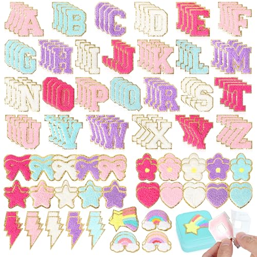 NICEVINYL Selbstklebende Chenille-Buchstaben-Aufnäher: 104 Stück, selbstklebende Buchstaben-Patches für Kleidung, Rucksäcke, Jacken, Hüte, Taschen – 58 Stück niedliche Herzen, Sterne, Blitz von NICEVINYL