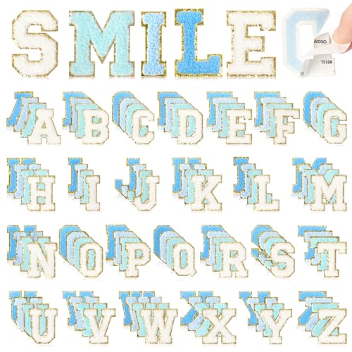 NICEVINYL Selbstklebende Chenille-Buchstaben-Aufnäher: 104 Stück blaue Buchstaben-Aufnäher, Aufkleber – Varsity-Initialen-Aufnäher für Kleidung, Rucksäcke, Make-up-Taschen, DIY-Geschenke, Dekoration von NICEVINYL