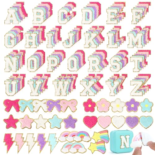 NICEVINYL Selbstklebende Chenille-Buchstaben-Aufnäher: 162 Stück, selbstklebende Buchstaben-Patches für Kleidung, Rucksäcke, Jacken, Hüte, Taschen, Varsity, niedliche Herzen, Sterne, Blitz von NICEVINYL