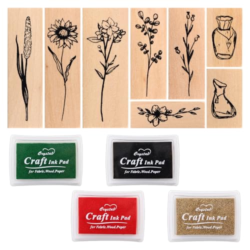 NICKLIN 12 Stück Motivstempel Set Stempel Holz,Stempel Blumen Natürlichel Pflanze Mustern,Gummi Holz Vintage DIY Tagebuch,Holzstempel Blätter Pflanzen Gräser zum Basteln für Handwerk Scrapbooking von NICKLIN