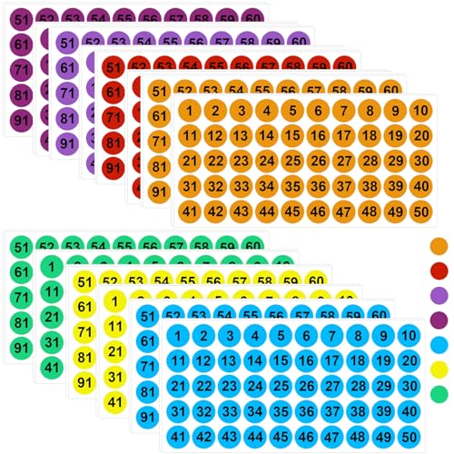 NICKLIN 28 Blatt Zahlen Aufkleber,1-100 Klein Runde Selbstklebend Sticker Anzahl,25mm Nummern Aufkleber,Runde Wasserdichte Aufkleber für Aufbewahrungsboxen,Schließfächer,Drinnen und Draußen(7 Farben) von NICKLIN