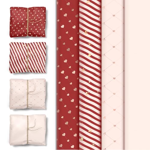 NICROLANDEE 24 Blatt Valentinstag Geschenkpapier Rosa Rot Geschenkpapier mit Folie Gold Herz Punkte für Geburtstag Muttertag Vatertag Hochzeit Geschenkverpackung 38,1 x 50,8 cm von NICROLANDEE