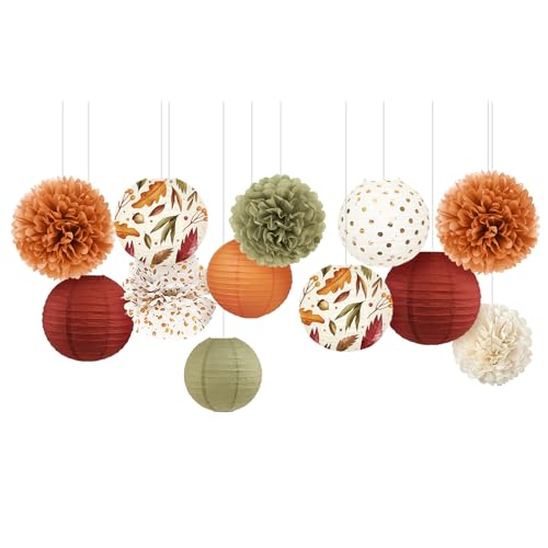NICROLANDEE Herbstdekorationen, 12 Stück Orange Seidenpapier Pompons Ahornblatt Papierlaternen Deko für Thanksgiving Partydekorationen, Herbsthochzeit, Geburtstag, Herbst Babyparty Party Dekorationen von NICROLANDEE