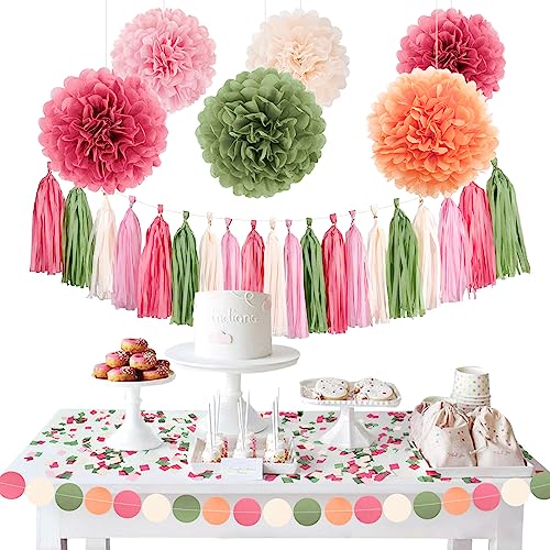 NICROLANDEE Hochzeit Party Dekorationen 28 Stück, BLÜHEN Rosa Seidenpompons Hanging Polka Dot Papier und Tissue Tassel für neutrale Baby Shower, Geburtstag, Gartenparty deko von NICROLANDEE