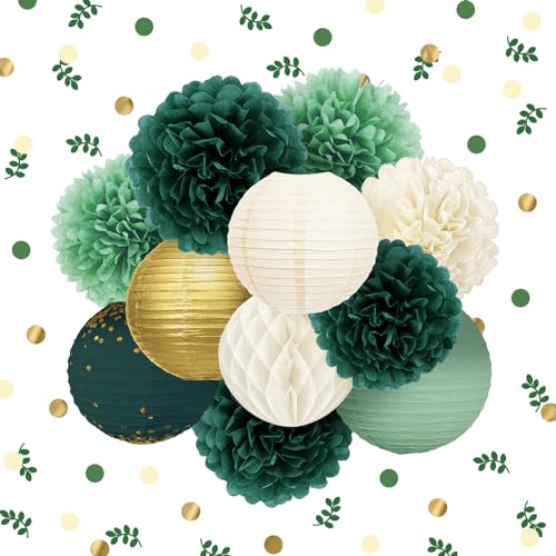 NICROLANDEE Hochzeit Party Dekoration -12 Stück Grün Seidenpapier Pompons Goldfolie Punkte Papierlaterne Deko für Brautparty, Geburtstag, Botanische Babyparty, Gartenparty Dekorationen von NICROLANDEE