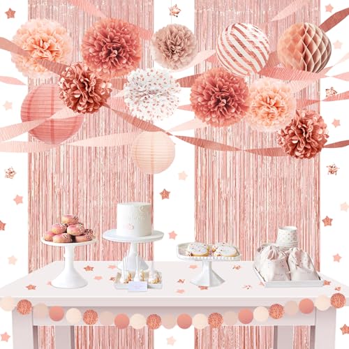 NICROLANDEE Hochzeitsdekorationen, 22 Stück Roségold Folie Fransenvorhang Luftschlangen Papierlaternen Seidenpapier Pompons für Brautpartys, Valentinstag, Mädchen und Frauen Rosa Geburtstagsparty Deko von NICROLANDEE