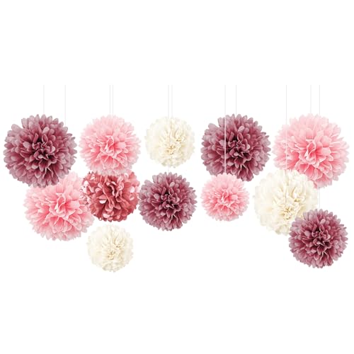 NICROLANDEE Hochzeitsdekorationen - 12 PCS Dusty Rose Blush Pink Tissue Pom Poms für Hochzeit Geburtstag Brautdusche Babyparty Verlobungsfeier Bachelorette Decke und Party Hintergrund Dekor von NICROLANDEE