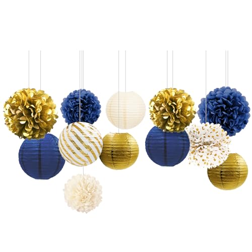 NICROLANDEE Navyblau Gold Dekorationen, 12 Stück Hängende Papierlaternen Seidenpapier Pompons Deko für Abschlussball der Klasse 2024, Neujahr, Babyparty Deko, Geburtstag Deko NICROLANDEE Navyblau Gold Dekorationen, 12 Stück Hängende Papierlaternen Seidenpapier Pompons Deko für Abschlussball der Klasse 2024, Neujahr, Babyparty Deko, Geburtstag Deko von NICROLANDEE