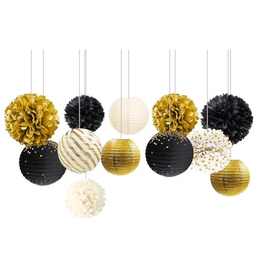 NICROLANDEE Schwarz Gold Party Dekorationen, 12 Stück Papierlaternen Seidenpapier Pompons Schwarz Gold Hängende Hintergrund Dekor für Abschlussfeiern Geburtstag Neujahr Party, Silvester Deko 2025 NICROLANDEE Schwarz Gold Party Dekorationen, 12 Stück Papierlaternen Seidenpapier Pompons Schwarz Gold Hängende Hintergrund Dekor für Abschlussfeiern Geburtstag Neujahr Party, Silvester Deko 2025 von NICROLANDEE